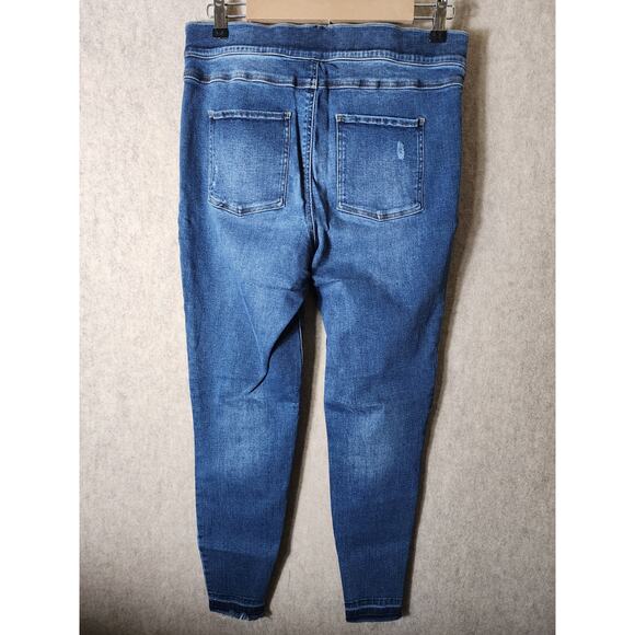 SPANX Blue Distressed Pull On Ankle Skinny Jeans Raw Fray Hem SZ XL - Picture 2 of 10